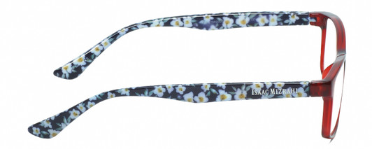 Side View of Isaac Mizrahi IM31275R Designer Reading Eye Glasses with Custom Cut Powered Lenses in Crystal Red Floral White Blue Ladies Oval Full Rim Acetate 55 mm