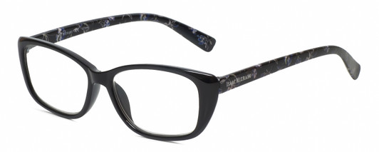 Profile View of Isaac Mizrahi IM31300R Designer Progressive Lens Blue Light Blocking Eyeglasses in Gloss Black Floral Purple Ladies Cat Eye Full Rim Acetate 51 mm