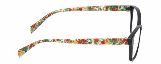 Side View of Isaac Mizrahi IM31324R Designer Blue Light Blocking Eyeglasses in Gloss Black Floral Green Yellow Red Ladies Cat Eye Full Rim Acetate 52 mm
