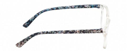 Side View of Isaac Mizrahi IM31325R Designer Blue Light Blocking Eyeglasses in Crystal Clear Floral Blue White Ladies Round Full Rim Acetate 49 mm