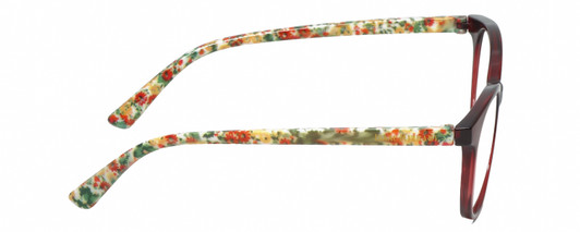 Side View of Isaac Mizrahi IM31325R Designer Blue Light Blocking Eyeglasses in Crystal Wine Red Floral Green Yellow Ladies Round Full Rim Acetate 49 mm