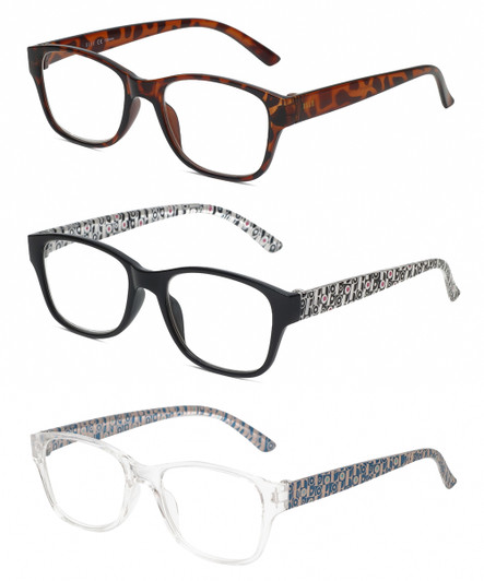 Front View of Elle 3 PACK Gift Box Womens Reading Glasses in Tortoise,Crystal Pink,Black +2.00