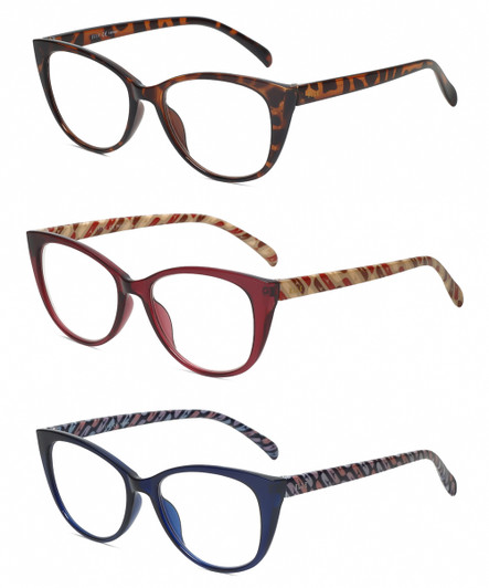 Front View of Elle 3 PACK Gift Box Womens Reading Glasses Tortoise,Blue Pink,Crystal Red +1.50