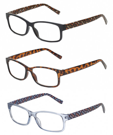 Front View of Elle 3 PACK Gift Box Womens Reading Glasses in Tortoise,Crystal Blue,Black +2.50