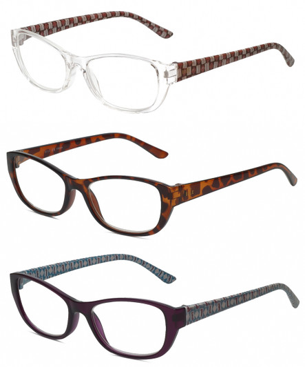 Front View of Elle 3 PACK Gift Box Women Reading Glasses in Tortoise,Crystal,Plum Purple +1.50