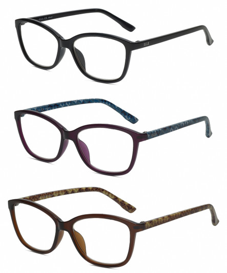Front View of Elle 3 PACK Gift Box Women Reading Glasses Black,Plum Purple,Crystal Brown +2.50