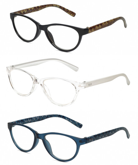 Front View of Elle 3 PACK Gift Box Women's Reading Glasses Black,Crystal Clear,Blue Logo +2.50