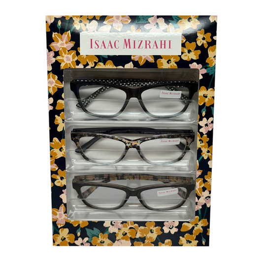 Profile View of Isaac Mizrahi 3 PACK Gift Box Womens Reading Glasses Black,Tortoise,Yellow +1.50