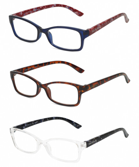 Front View of Isaac Mizrahi 3 PACK Gift Box Womens Reading Glasses Tortoise,Crystal,Blue +1.50