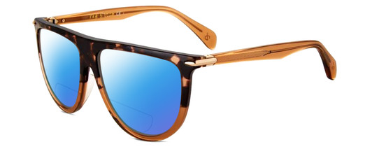 Profile View of Rag&Bone 1056 Designer Polarized Reading Sunglasses with Custom Cut Powered Blue Mirror Lenses in Havana Tortoise Brown Cocoa Fade Unisex Semi-Circular Full Rim Acetate 57 mm
