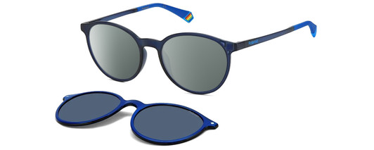 Profile View of Polaroid PLD-6137/CS Designer Polarized Sunglasses with Custom Cut Smoke Grey Lenses in Navy on Royal Blue Unisex Round Full Rim Acetate 52 mm