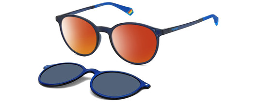 Profile View of Polaroid PLD-6137/CS Designer Polarized Sunglasses with Custom Cut Red Mirror Lenses in Navy on Royal Blue Unisex Round Full Rim Acetate 52 mm