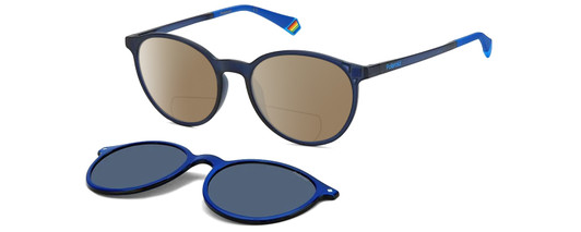Profile View of Polaroid PLD-6137/CS Designer Polarized Reading Sunglasses with Custom Cut Powered Amber Brown Lenses in Navy on Royal Blue Unisex Round Full Rim Acetate 52 mm