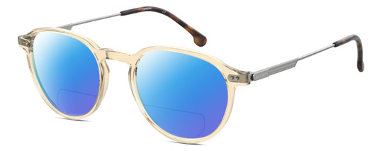 Profile View of Carrera CA-1119 Designer Polarized Reading Sunglasses with Custom Cut Powered Blue Mirror Lenses in Champagne Crystal Gold Silver Unisex Round Full Rim Acetate 49 mm