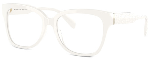 Profile View of Michael Kors MK4091 Designer Reading Eye Glasses with Custom Cut Powered Lenses in Gloss White Ladies Cat Eye Full Rim Acetate 52 mm