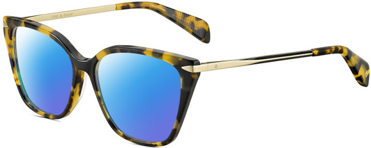 Profile View of Rag&Bone 3005 Designer Polarized Sunglasses with Custom Cut Blue Mirror Lenses in Tortoise Havana Yellow Brown Gold Ladies Cat Eye Full Rim Acetate 53 mm