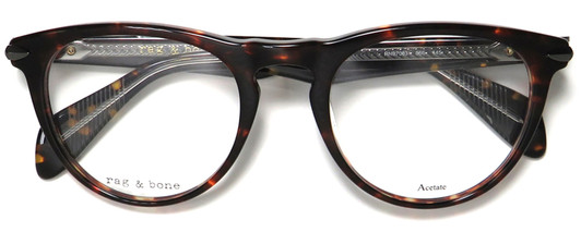 Front View of Rag&Bone 7003 Designer Reading Eye Glasses with Custom Cut Powered Lenses in Gloss Tortoise Havana Brown Gunmetal Unisex Panthos Full Rim Acetate 51 mm