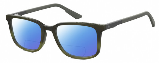 Profile View of Under Armour UA-5010 Designer Polarized Reading Sunglasses with Custom Cut Powered Blue Mirror Lenses in Green Horn Marble Unisex Square Full Rim Acetate 53 mm