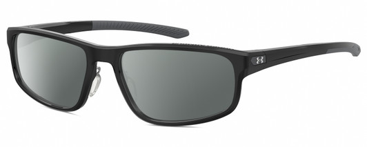 Profile View of Under Armour UA-5014 Designer Polarized Sunglasses with Custom Cut Smoke Grey Lenses in Gloss Black Matte Grey Mens Oval Full Rim Acetate 56 mm