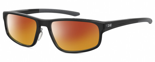 Profile View of Under Armour UA-5014 Designer Polarized Sunglasses with Custom Cut Red Mirror Lenses in Gloss Black Matte Grey Mens Oval Full Rim Acetate 56 mm