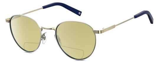 Profile View of Polaroid 2082/S/X Designer Polarized Reading Sunglasses with Custom Cut Powered Sun Flower Yellow Lenses in Light Gold Navy Blue Unisex Panthos Full Rim Metal 49 mm