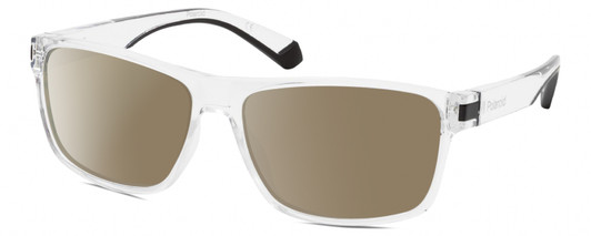 Profile View of Polaroid 2121/S Designer Polarized Sunglasses with Custom Cut Amber Brown Lenses in Clear Crystal Black Unisex Rectangular Full Rim Acetate 58 mm