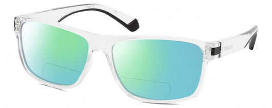 Profile View of Polaroid 2121/S Designer Polarized Reading Sunglasses with Custom Cut Powered Green Mirror Lenses in Clear Crystal Black Unisex Rectangular Full Rim Acetate 58 mm