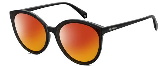 Profile View of Polaroid 4082/F/S Designer Polarized Sunglasses with Custom Cut Red Mirror Lenses in Gloss Black Gemstone Crystal Accents Ladies Cat Eye Full Rim Acetate 62 mm