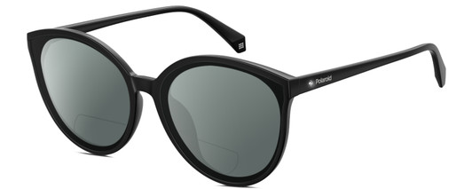 Profile View of Polaroid 4082/F/S Designer Polarized Reading Sunglasses with Custom Cut Powered Smoke Grey Lenses in Gloss Black Gemstone Crystal Accents Ladies Cat Eye Full Rim Acetate 62 mm