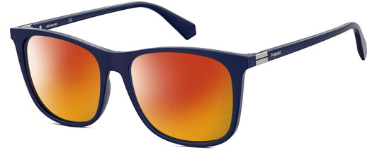 Profile View of Polaroid 6103/S/X Designer Polarized Sunglasses with Custom Cut Red Mirror Lenses in Gloss Navy Blue Silver Unisex Square Full Rim Acetate 55 mm