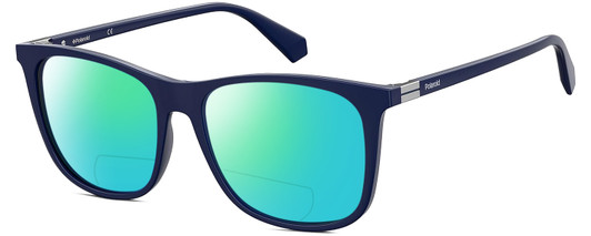 Profile View of Polaroid 6103/S/X Designer Polarized Reading Sunglasses with Custom Cut Powered Green Mirror Lenses in Gloss Navy Blue Silver Unisex Square Full Rim Acetate 55 mm