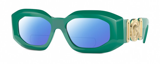 Profile View of Versace VE4425U Designer Polarized Reading Sunglasses with Custom Cut Powered Blue Mirror Lenses in Emerald Green Gold Unisex Oval Full Rim Acetate 54 mm