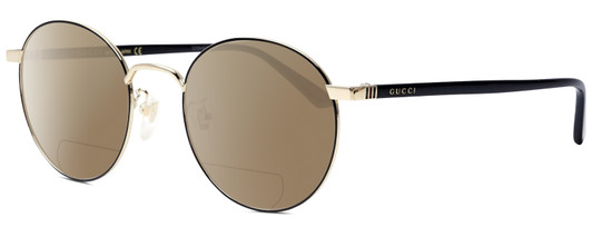 Profile View of GUCCI GG0297OK-003 Designer Polarized Reading Sunglasses with Custom Cut Powered Amber Brown Lenses in Gloss Black Gold Ladies Round Full Rim Metal 52 mm