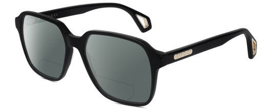 Profile View of GUCCI GG0469O-001 Designer Polarized Reading Sunglasses with Custom Cut Powered Smoke Grey Lenses in Gloss Black Gold Unisex Square Full Rim Acetate 56 mm