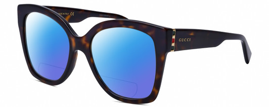 Profile View of GUCCI GG0459S-002 Designer Polarized Reading Sunglasses with Custom Cut Powered Blue Mirror Lenses in Dark Brown Havana Tortoise Gold Ladies Cateye Full Rim Acetate 54 mm