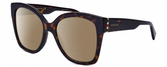 Profile View of GUCCI GG0459S-002 Designer Polarized Reading Sunglasses with Custom Cut Powered Amber Brown Lenses in Dark Brown Havana Tortoise Gold Ladies Cateye Full Rim Acetate 54 mm