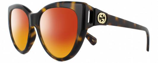 Profile View of GUCCI GG0877S-002 Designer Polarized Sunglasses with Custom Cut Red Mirror Lenses in Dark Brown Havana Tortoise Gold Ladies Cat Eye Full Rim Acetate 56 mm