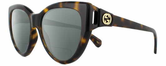 Profile View of GUCCI GG0877S-002 Designer Polarized Reading Sunglasses with Custom Cut Powered Smoke Grey Lenses in Dark Brown Havana Tortoise Gold Ladies Cat Eye Full Rim Acetate 56 mm