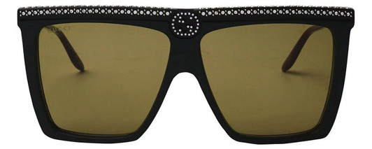 Front View of GUCCI GG0733S-005 Women's Sunglasses in Green Brown Gemstone Accents/Yellow 62mm