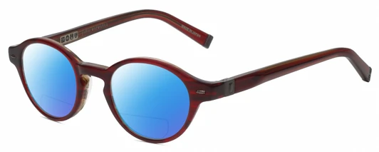 Profile View of John Varvatos V356 Designer Polarized Reading Sunglasses with Custom Cut Powered Blue Mirror Lenses in Crystal Red Marble Unisex Round Full Rim Acetate 43 mm