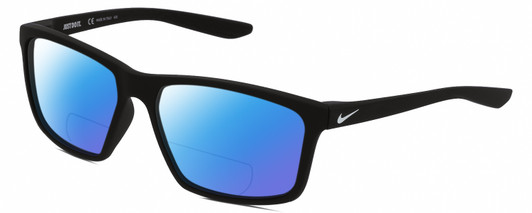 Profile View of NIKE Valiant-MI-010 Designer Polarized Reading Sunglasses with Custom Cut Powered Blue Mirror Lenses in Matte Black White Unisex Rectangular Full Rim Acetate 60 mm