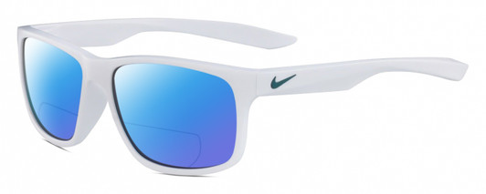 Profile View of NIKE Essent-Chaser-103 Designer Polarized Reading Sunglasses with Custom Cut Powered Blue Mirror Lenses in Gloss White Metallic Green Unisex Square Full Rim Acetate 59 mm
