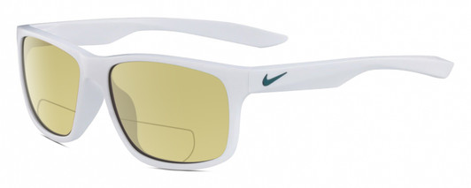 Profile View of NIKE Essent-Chaser-103 Designer Polarized Reading Sunglasses with Custom Cut Powered Sun Flower Yellow Lenses in Gloss White Metallic Green Unisex Square Full Rim Acetate 59 mm