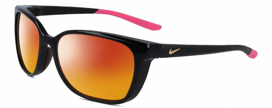 Profile View of NIKE Sentiment-CT7878-010 Designer Polarized Sunglasses with Custom Cut Red Mirror Lenses in Gloss Black Hot Pink Rose Gold Ladies Square Full Rim Acetate 56 mm