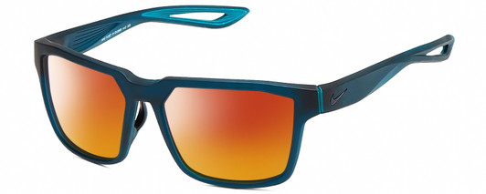 Profile View of NIKE Fleet-R-EV099-442 Designer Polarized Sunglasses with Custom Cut Red Mirror Lenses in Matte Navy Blue Turquoise Mens Square Full Rim Acetate 55 mm