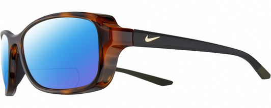 Profile View of NIKE Breeze-CT8031-220 Designer Polarized Reading Sunglasses with Custom Cut Powered Blue Mirror Lenses in Gloss Brown Tortoise Havana Black Grey Gold Ladies Oval Full Rim Acetate 57 mm