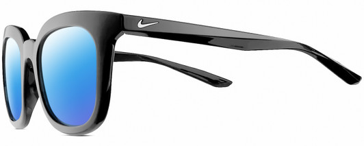 Profile View of NIKE Myriad-P-CW4720-010 Designer Polarized Sunglasses with Custom Cut Blue Mirror Lenses in Gloss Black Silver Ladies Panthos Full Rim Acetate 52 mm