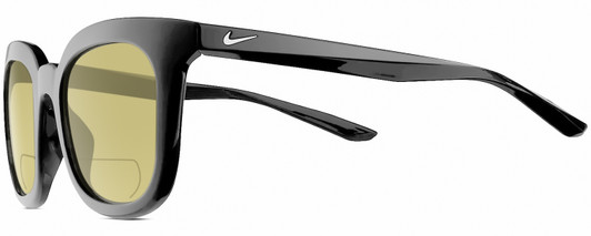 Profile View of NIKE Myriad-P-CW4720-010 Designer Polarized Reading Sunglasses with Custom Cut Powered Sun Flower Yellow Lenses in Gloss Black Silver Ladies Panthos Full Rim Acetate 52 mm