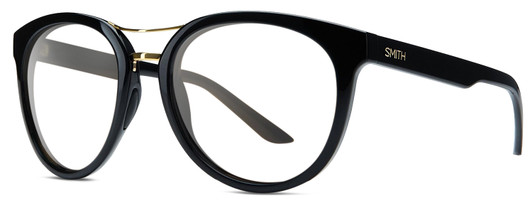 Profile View of Smith Optics Bridgetown Designer Blue Light Blocking Eyeglasses in Gloss Black Gold Ladies Panthos Full Rim Acetate 54 mm