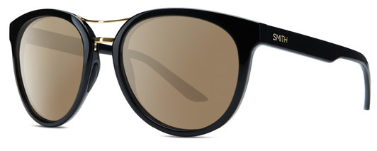 Profile View of Smith Optics Bridgetown Designer Polarized Sunglasses with Custom Cut Amber Brown Lenses in Gloss Black Gold Ladies Panthos Full Rim Acetate 54 mm